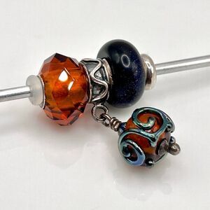 Artisan Blue & Amber Glass Tassle w Hessonite Quartz & Blue Goldstone Beads